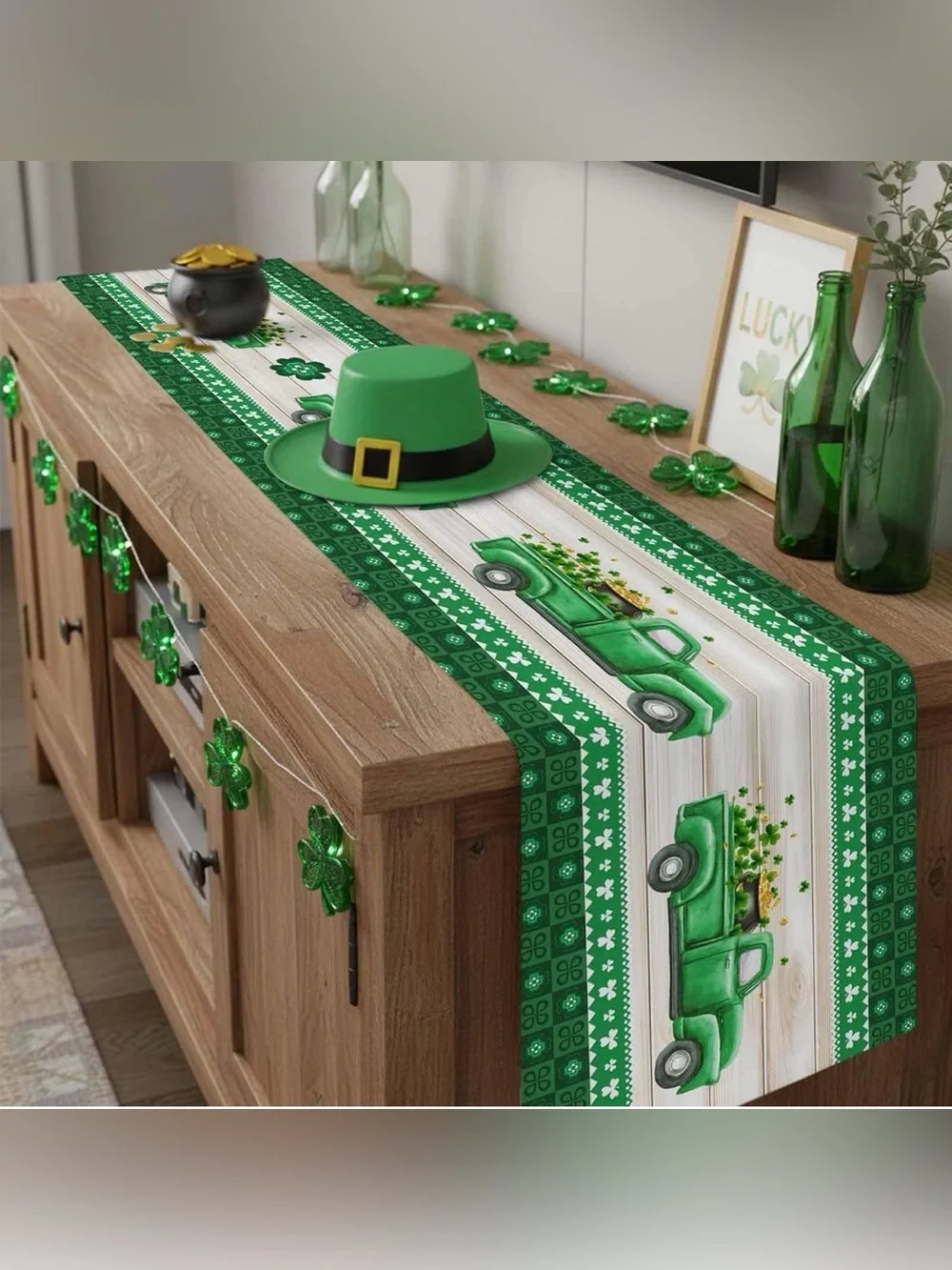 St. Patrick's Day Green Truck Table Runner with Shamrock Trim